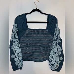 Anthropologie Women’s Small Smocked Embroidered Sequins Puff Sleeve Blue Top